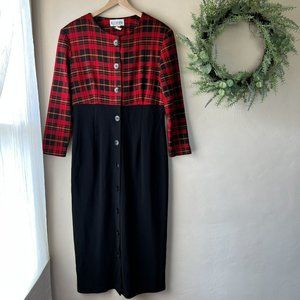 Vintage R.J. Stevens Red Black Tartan Plaid Button Down Holiday Dress